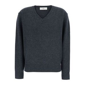 Dunst Women Grey V-Neck Sweater With Ribbed Trims In Wool And Cashmere For Women